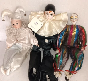 3 Vintage Doll Silvestri Porcelain Russ Mardi Gras Modern makeup Clown Jester - Picture 1 of 17