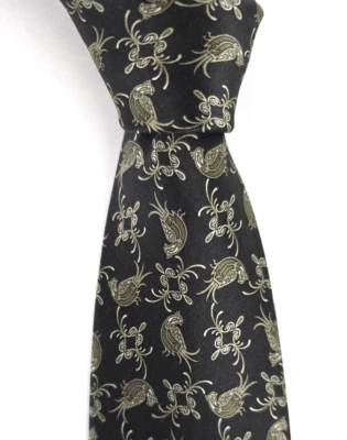 Corbata SULKA Negra Acabado Satinado Seda Pájaros y Floral ¡Hecha en Francia! Foto 1 de 4