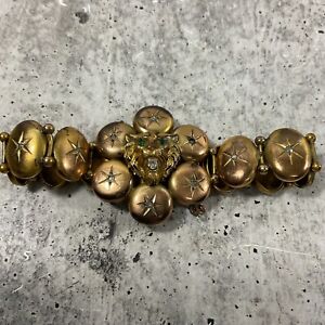 Antique 1800's Victorian 10k Yellow Gold Diamond Emerald Eyes Lion Head Bracelet