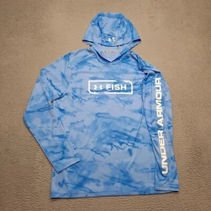 Under Armour Fish Hoodie Mens Size Large Camo Blue Pullover Shirt Heatgear Hood - Picture 1 of 9