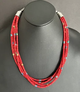 Sterling Silver Multi Strand Stone Red Coral Bead Necklace 24 Inch - Picture 1 of 12