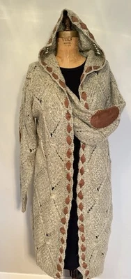 POL Oversized Open Front Cardigan Sweater Elbow Patch Hood Cozy Boho Western S - Image 1 of 4