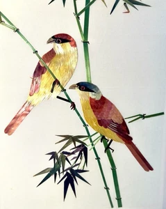 VTG Asian Hand Cut Wheat And Straw Art Of 2 Birds On Bamboo On Silk~Tropical - Bild 1 von 9