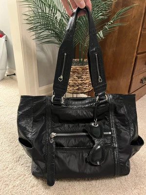 *SEE BY CHLOE* Shoulder Bag Logo Tote Black Nylon Patent Leather Authentic - Image 1 of 4