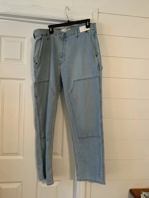 NWT Hollister Mens Light Wash Loose Fit Carpenter Blue Jeans 36x32 Double Knee - Image 1 of 4