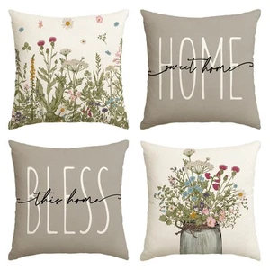 Spring Fall Decorations Colorful Wildflowers Home Throw Pillow Covers 4PCS 18x18 - Picture 1 of 12