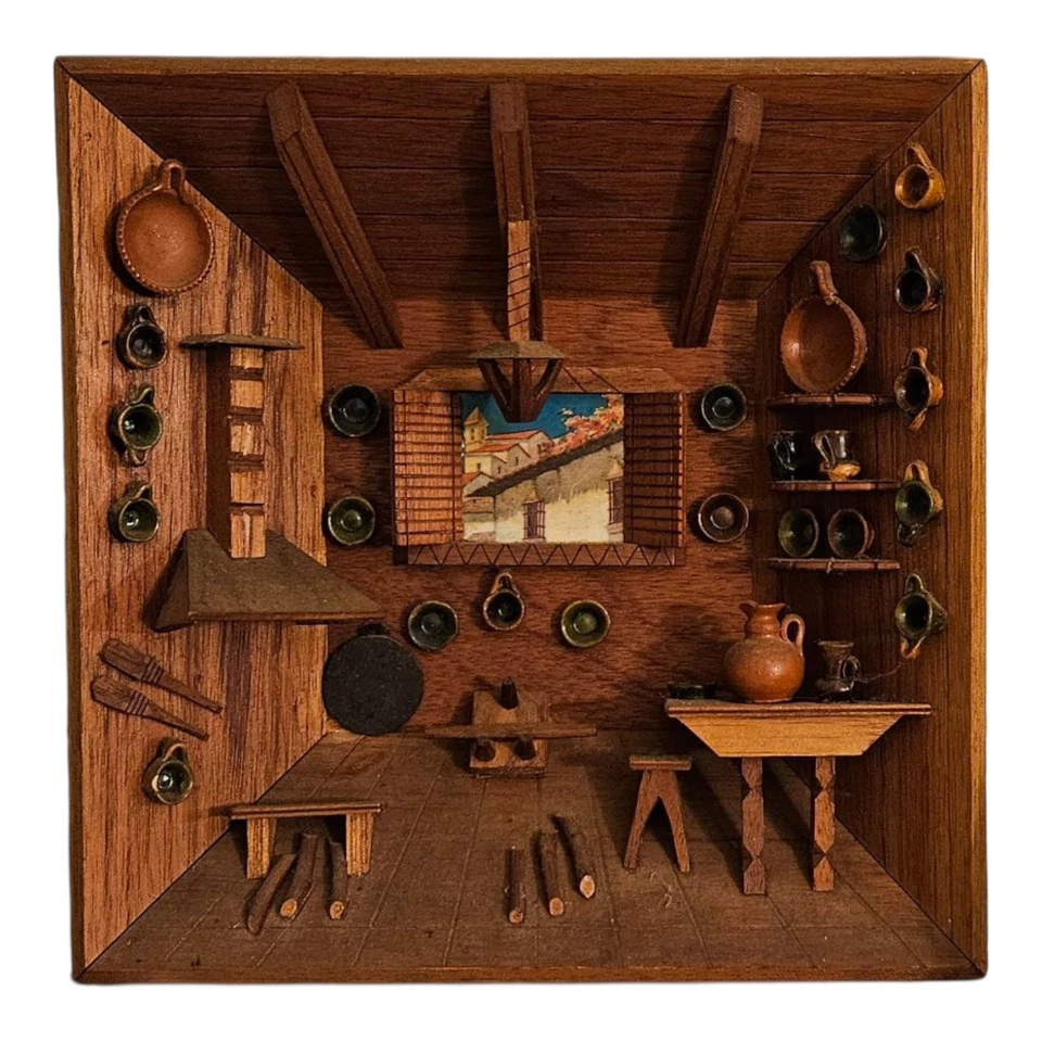 Hand Carved Country Log Cabin Kitchen Wooden Shadow Box Diorama Wood Folk Art - Image 1 of 1