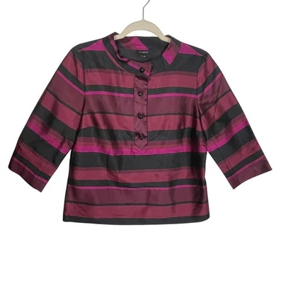 Talbots Sz 8 Silk Striped Blouse Black Burgundy Magenta 3/4 Sleeve Jewel Button - Image 1 of 4