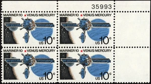 Bloque de 4 placas de estampillas US Mariner 10 Venus Mercury 10c Scott #1557 - Imagen 1 de 1