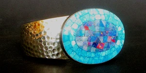 SIGNED DTR CONTEMPORARY INLAID OPAL - TURQUOISE STERLING CUFF BRACELET - CHINA - Picture 1 of 11