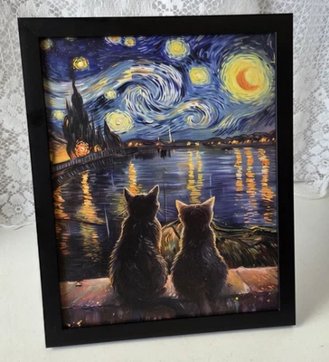 Arte de parede Black Cats Starry Nights com moldura em tela decoração de mesa para casa - Imagem 1 de 4