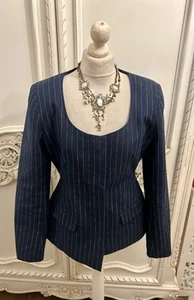 H&M Bnwt Sold Out Still Nature Navy Pinstripe Linen Waisted Blazer 10 - Picture 1 of 7
