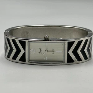 Vivani Watch Women Silver Tone Black Enamel Chevron Bangle Cuff Band Working - Picture 1 of 9