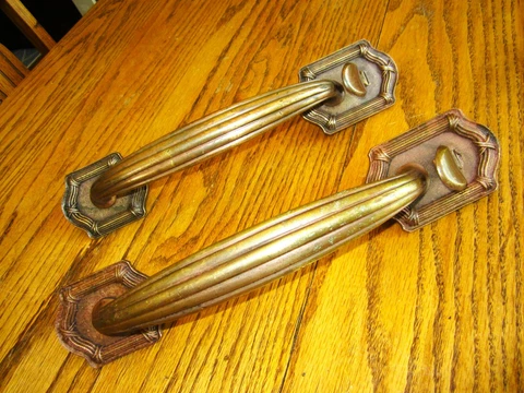 Pair Large Bronze Fluted Front Door Latch Handles Victorian Gothic Brass Knobs Cover