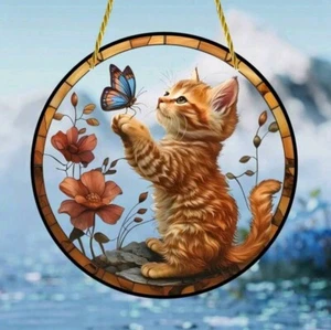 2D Acrylic Orange Cat Butterly Hanging Sun Catcher Dream 2D Painted Ornament... - Picture 1 of 7