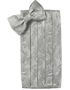 NEW Men's Cardi Platinum Silver Paisley Tuxedo Cummerbund Bow tie Hankie TUXXMAN - Picture 1 of 2