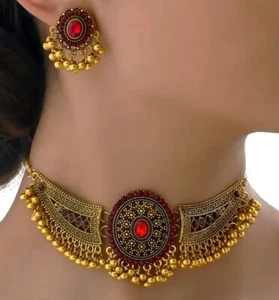 Bollywood Indian Choker Necklace, Earrings 14K Gold Plated Wedding Jewelry - Picture 1 of 2