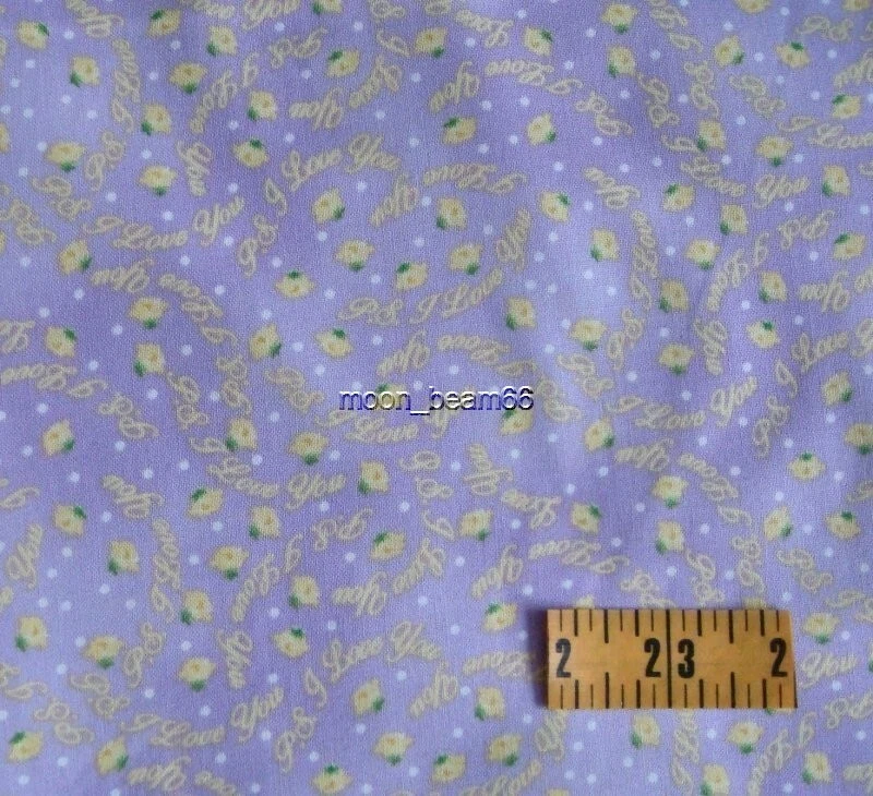 BTY P.S. I Love You Yellow Words on Light Purple Cotton Fabric By The Yard - Image 1 of 1