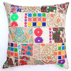 24" Khambadia Indian Embroidered Patchwork Cushion Cover Pillow Sham Throw White - Picture 1 of 6