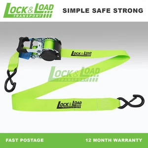 LOCK & LOAD RW116 GREEN RETRACTABLE 50MM RATCHET STRAP PAIR 3.0M LONG - Picture 1 of 8