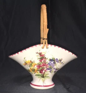 Vintage Ulmer Keramik Hand Painted Floral Ceramic Basket w/Rattan Handle 8” Tall - Picture 1 of 8