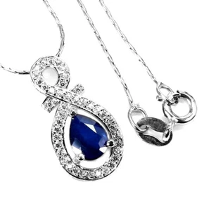 925 Sterling Silver Necklace Pear Sapphire Diffused 7x5mm Gemstone Jewelry 18in - Picture 1 of 10