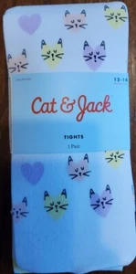 Tights | Cat & Jack | White Purple yellow Footed Kitty & Heart, Size 12-14 - Picture 1 of 4