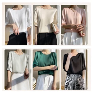 Elegante Damen-Satin-Bluse 3/4-Ärmel-Seideoberteile Rundhalsausschnitt lose Freizeit-T-Shirt - Bild 1 von 24