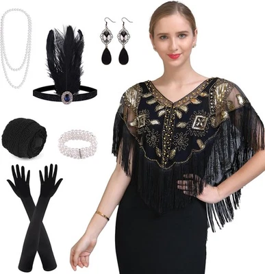 PLULON 1920s Flapper Accessories Set Sequin Shawl for Women Great Black Gold  - Image 1 of 4