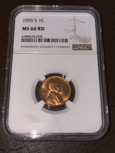 1955-S Lincoln Wheat Cent, MS66 NGC, Last S Mint Wheat Cent, RED BLAZER - Picture 1 of 2