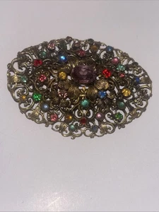 Antique Art Deco Filigree Czech Glass Faceted Cut Large Brooch!! - Picture 1 of 20