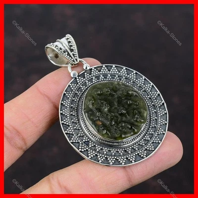 Oferta Halloween Plata 925 Moldavita Natural Nuevo Vintage Tercer Ojo Chakra Colgante Foto 1 de 4