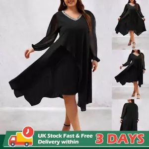 Women Solid V-Neck Midi Dress Ladies Chiffon Lantern Sleeve Cocktail Party Gown - Picture 1 of 14