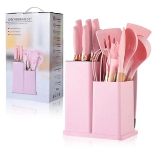 Silicone Non-Stick Kitchen Utensil Set, Wooden Handle Non Toxic BBA Free - PINK - Picture 1 of 7
