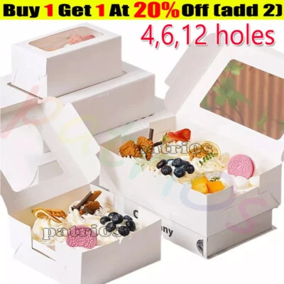 100X White Windowed Cupcake Boxes 4,6,12 holes Cake Boxes with Removable Trays` - Image 1 of 4