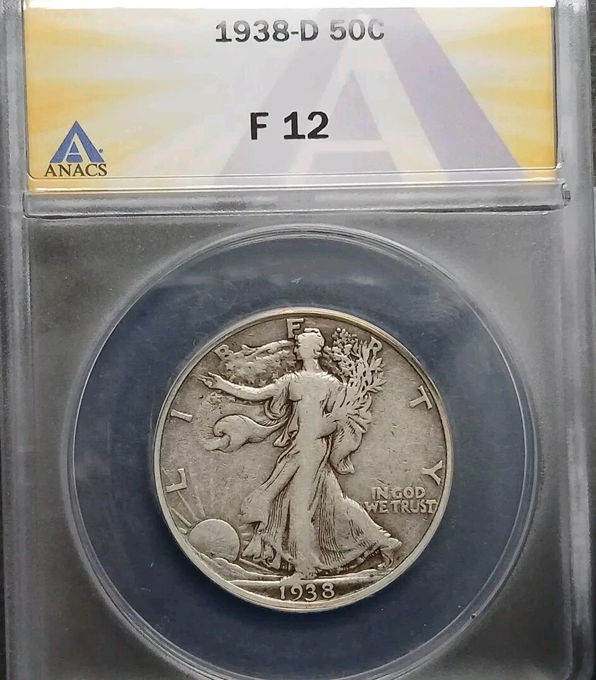 1938-D 50C Silver Walking Liberty Half Dollar ANACS F12 Key Date - Image 1 of 4