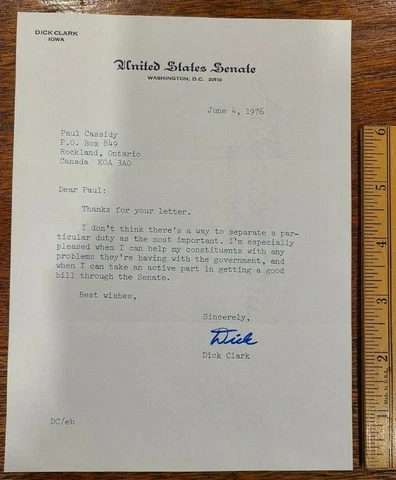 US Senator Richard 'Dick' Clark - Signed Autograph - Senator from Iowa 1973-1979 Cover