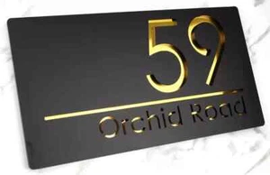 Laser Cut House Signs Matt Black & Gold Door Numbers Address Plaque Number - Picture 1 of 3