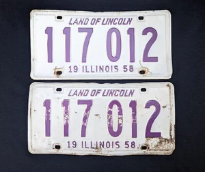 Vintage 1958 License Plate Illinois # 117 012 Matching Set Man Cave Hot Rod - Picture 1 of 4