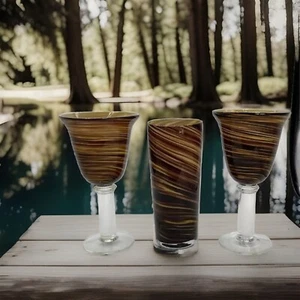 2Hand Blown Murano-Style Swirl Cased Wine Water Goblets Amber Brown & Vase - Picture 1 of 7