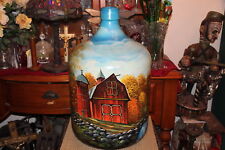 HUGE Antique Demijohn Carboy Glass Bottle Handpainted Country Barn Silo Water 