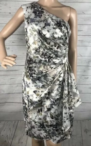 Vestido London Times Talla 6 Blanco Gris Floral Sedoso Hombro Único Lado Reunido - Imagen 1 de 12