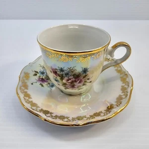 M Z Czech Republic Iridescent Floral Gold Trim Duo Set - Tea Cup And Saucer - Picture 1 of 7