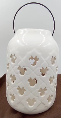 Disney Minnie Mouse Linterna Cerámica Vela Pilar Mango de Alambre Blanco Jardín Porche Foto 1 de 4