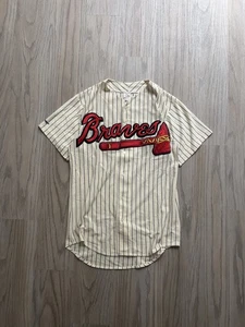 Vintage 90er Majestic Atlanta Braves Nadelstreifen Baumwolljersey hergestellt in den USA S genäht - Bild 1 von 4