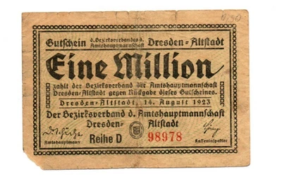1 000 000  MARK  VG  BANKNOTE  FROM  GERMANY/DRESDEN   1923 - Image 1 of 2