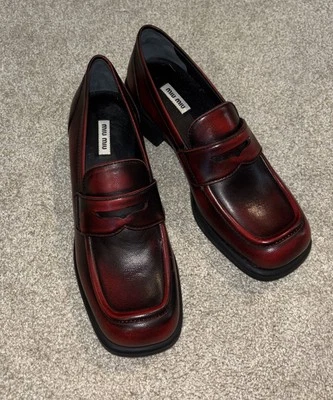 Miu Miu Red  Distressed Leather Penny Loafers Size 41 US 11 - Image 1 of 4