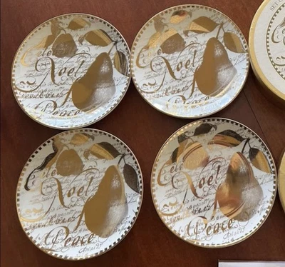 "Juego de 8 platos de restauración de Navidad de 8"" vacaciones oro pera Noel paz" Foto 1 de 2