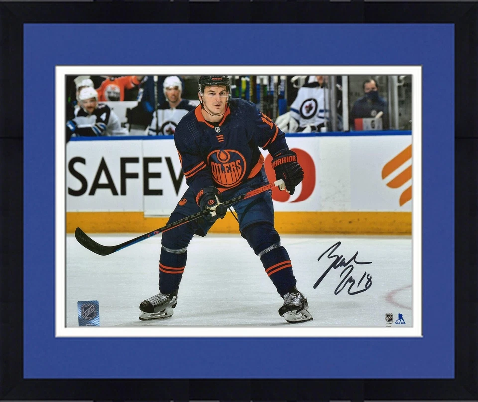 Framed Zach Hyman Edmonton Oilers Signed 11x14 Navy Skating Photo - Image 1 of 1