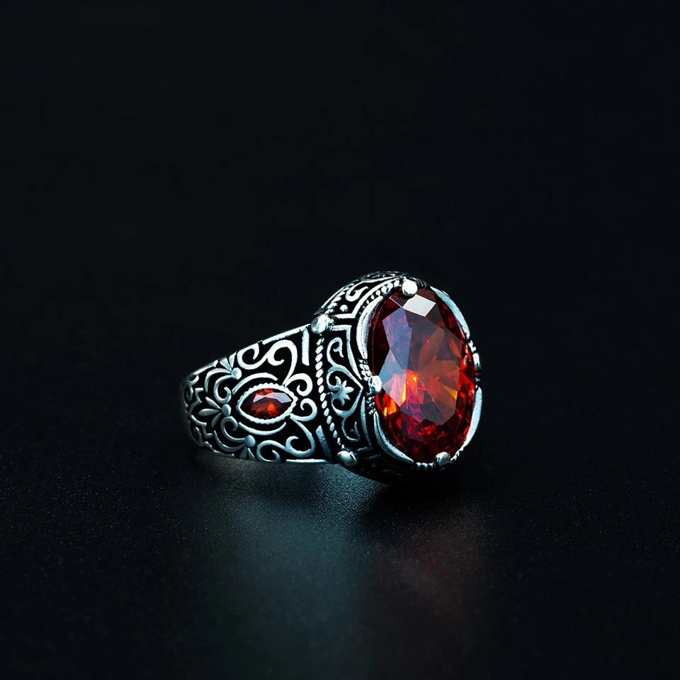 Anel masculino de prata esterlina 925 granada vermelha pedra preciosa - Imagem 1 de 4